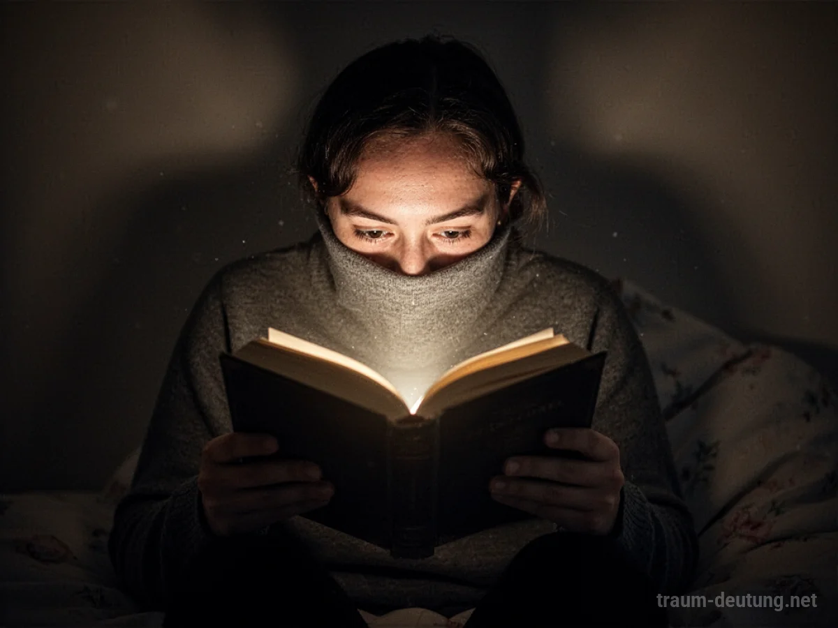 Eine Person liest heimlich ein Buch, aus dem ein sanftes Licht scheint.