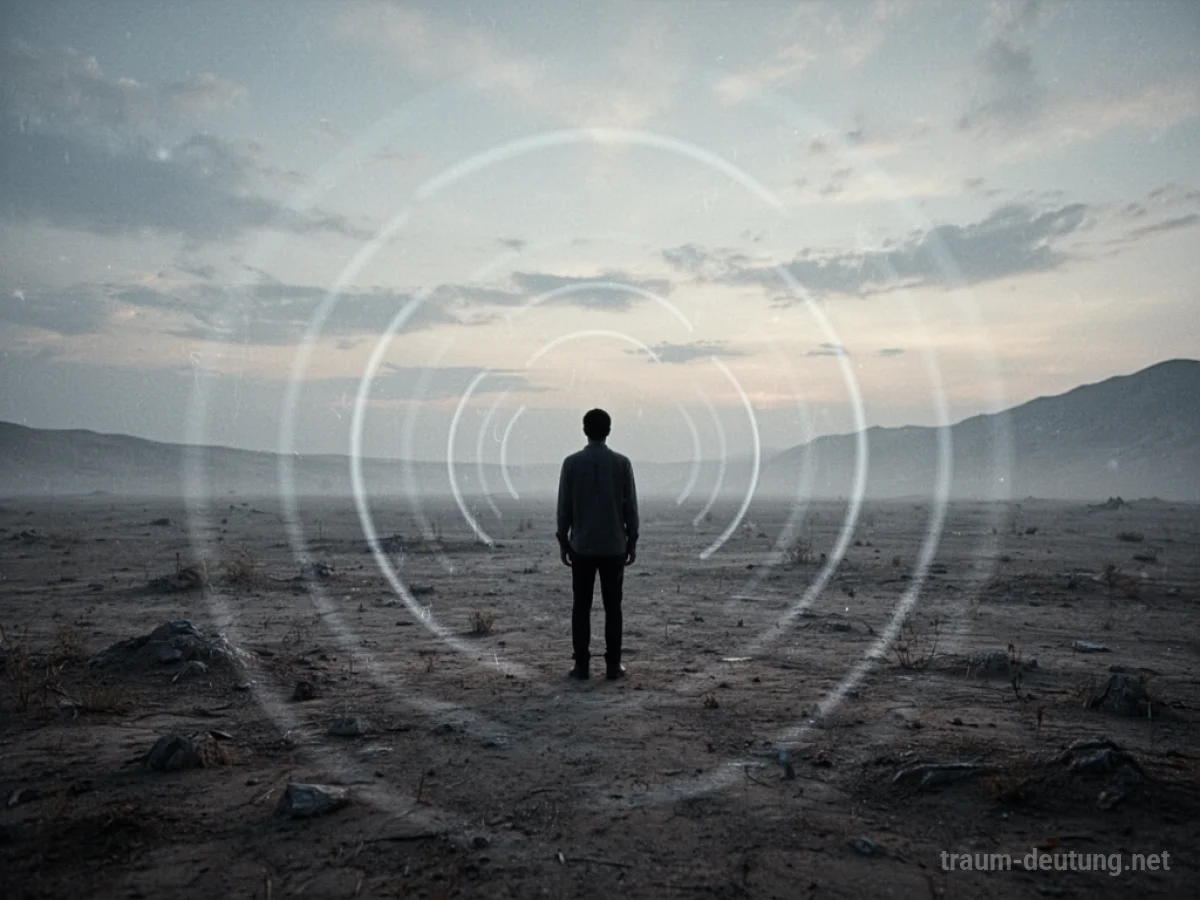 Silhouetten einer Person in einer weiten Landschaft, von der unsichtbare Wellen ausgehen.
