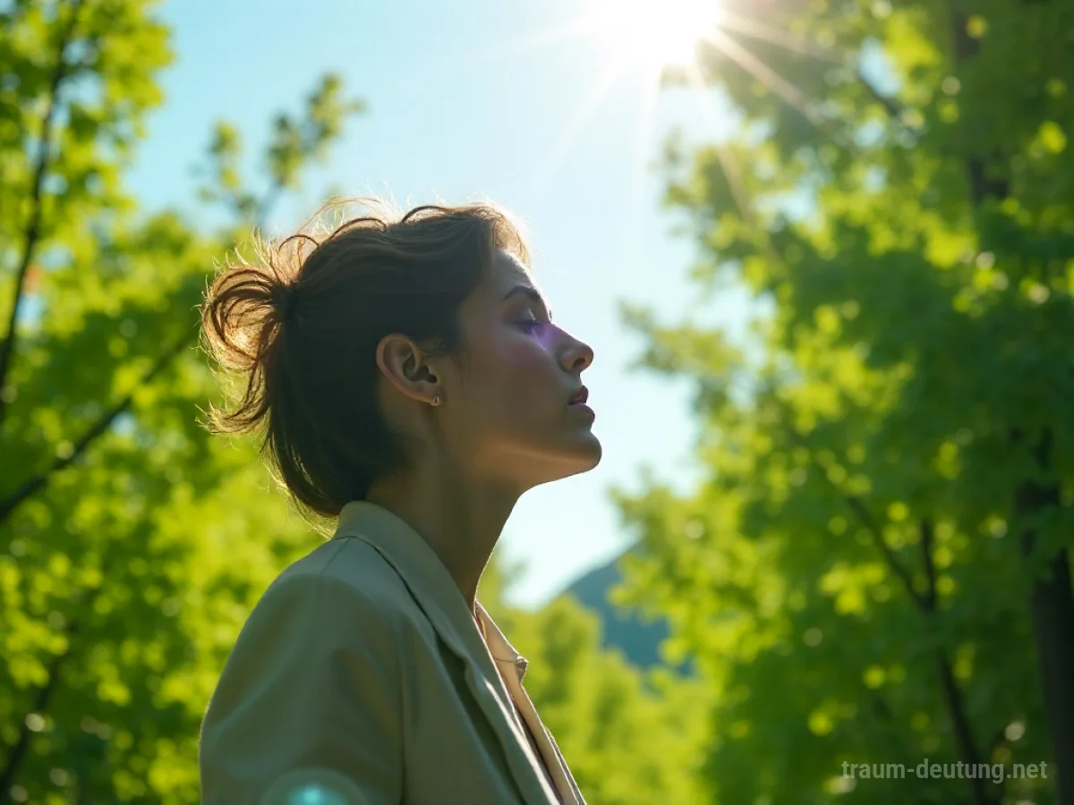 Eine Person atmet tief in einer sonnigen, grünen Landschaft ein.