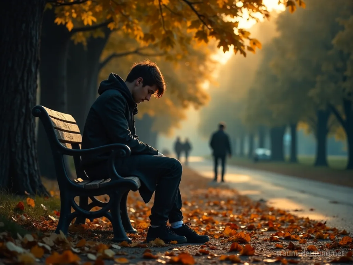 Eine einzelne Person sitzt traurig auf einer Parkbank, umgeben von fallenden Herbstblättern.