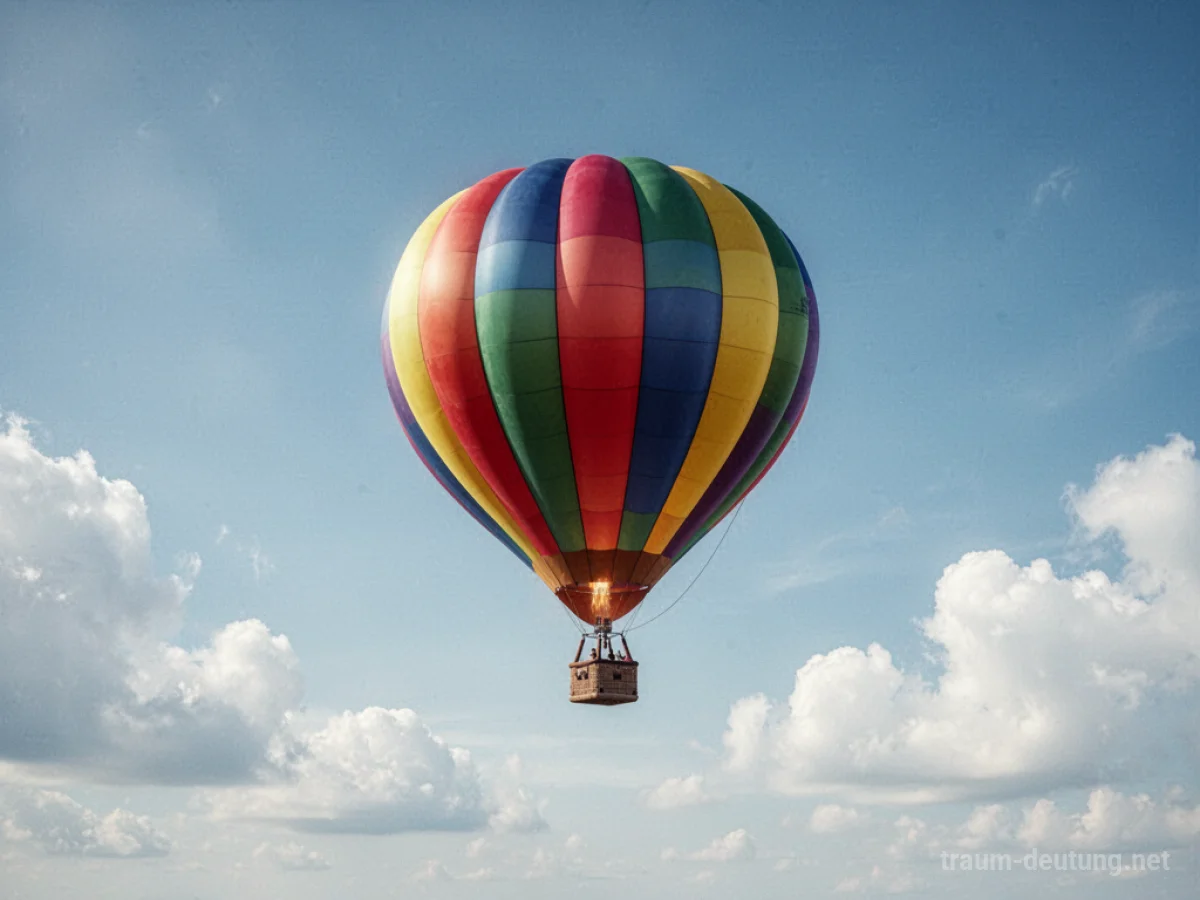 Ein großer, bunter Luftballon schwebt am blauen Himmel.