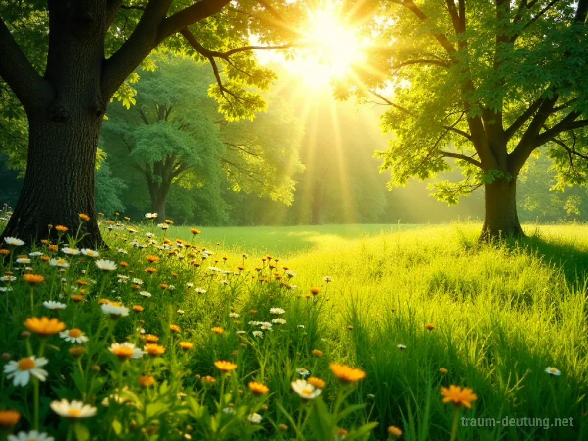 Grünes, blühendes Land mit vielen Blumen und Bäumen im Sonnenschein