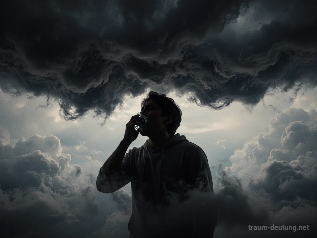 Silhouette einer Person, die schwer atmet, umgeben von dunklen Wolken.