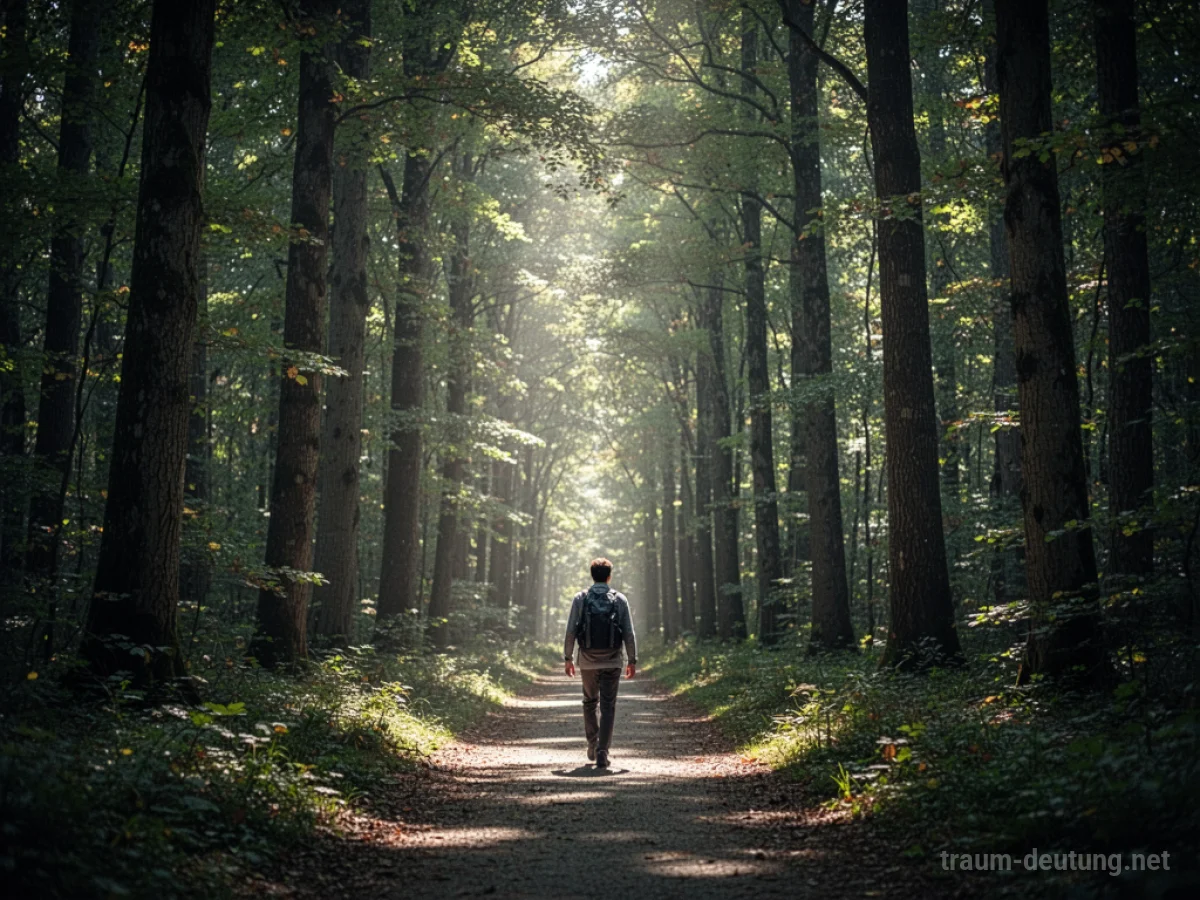 Person läuft auf einem Pfad durch einen dichten, sonnenbeschienenen Wald