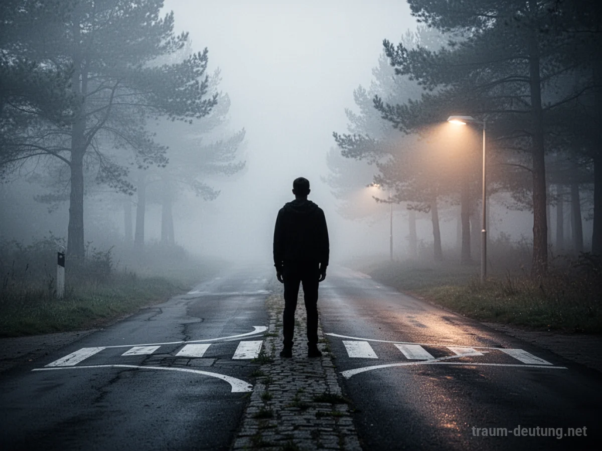 Silhouette einer Person an einer Weggabelung, ein Weg im Nebel, der andere schwach beleuchtet.
