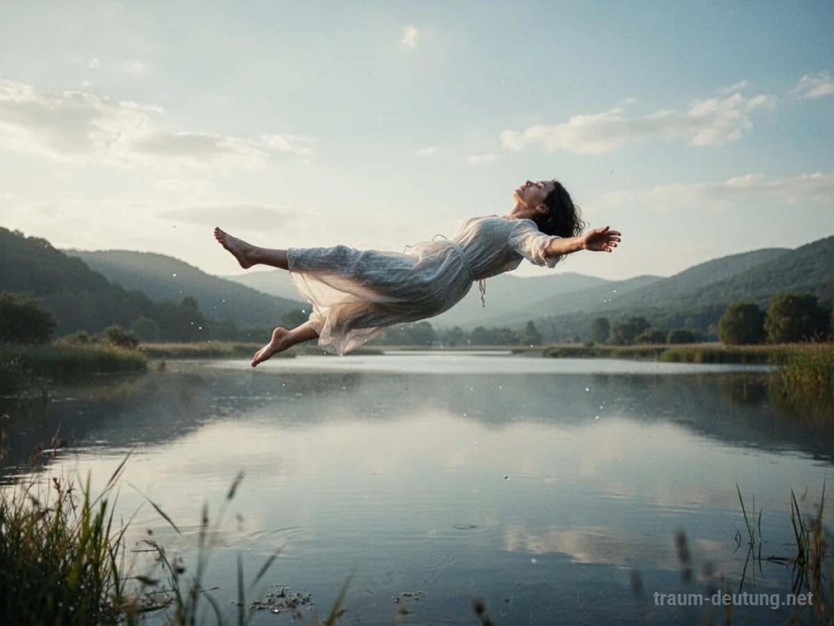 Eine Person schwebt friedlich in der Luft über einer ruhigen Landschaft.