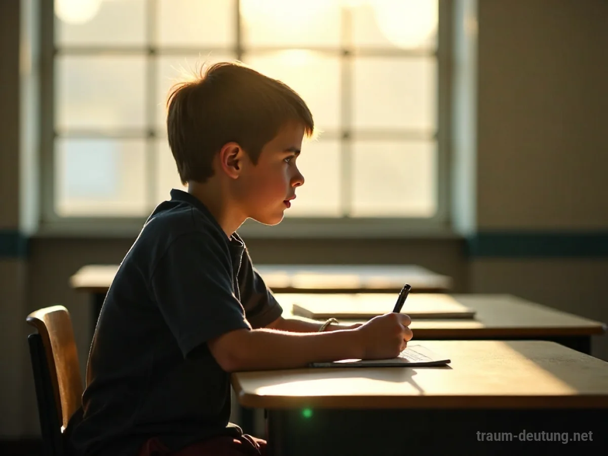 Person sitzt nachdenklich in einem Klassenzimmer am Schreibtisch