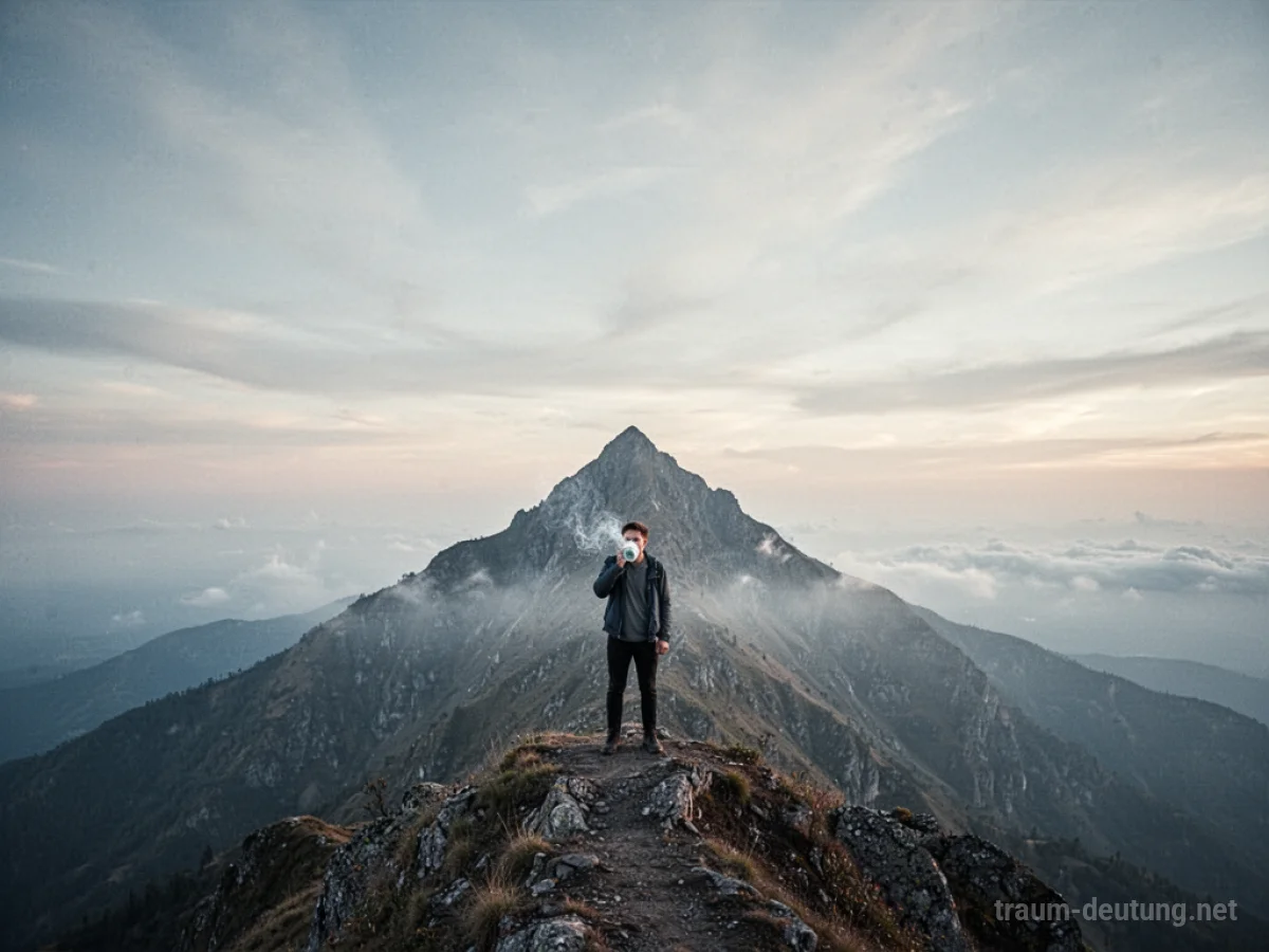 Eine Person steht in dünner Luft auf einem Berg und blickt auf einen fernen Gipfel.