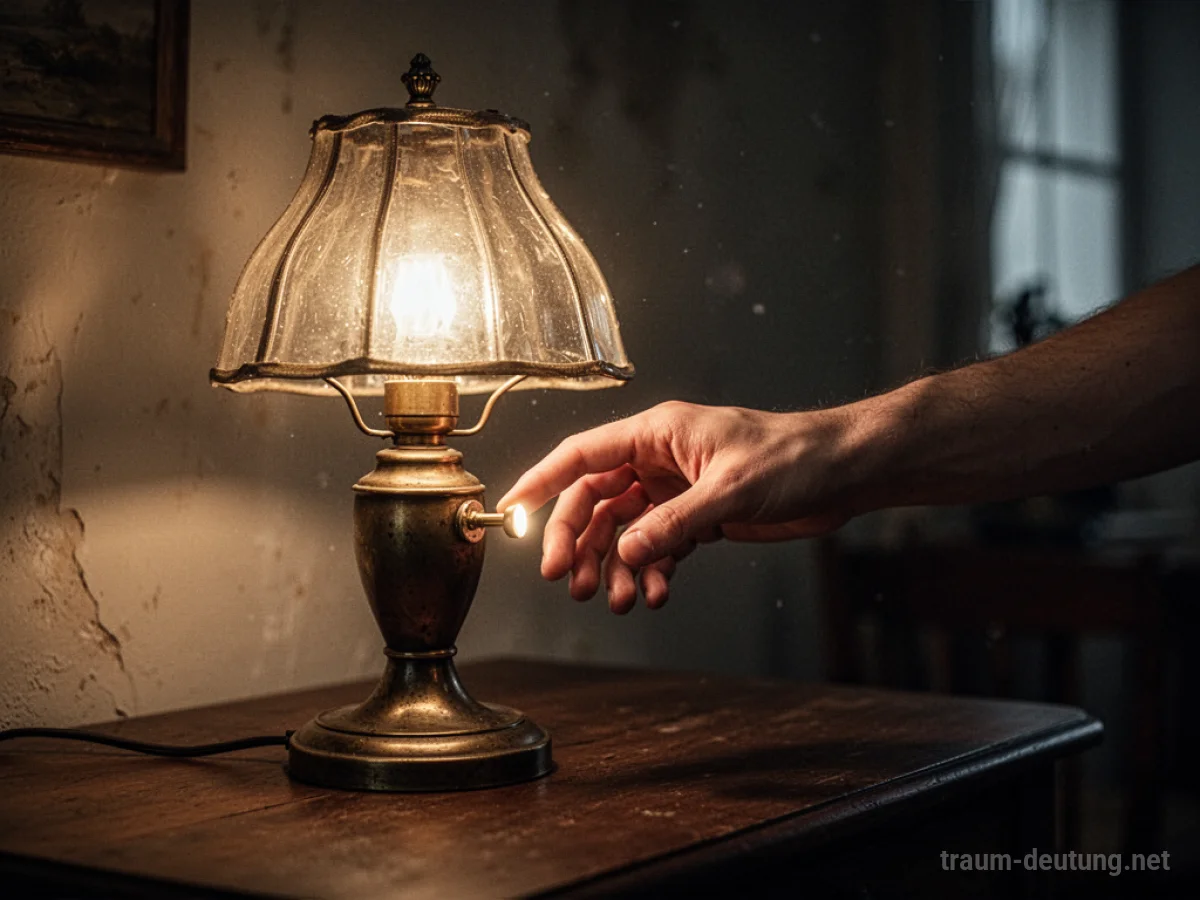 Eine Hand schaltet eine Lampe ein und erhellt einen dunklen Raum.