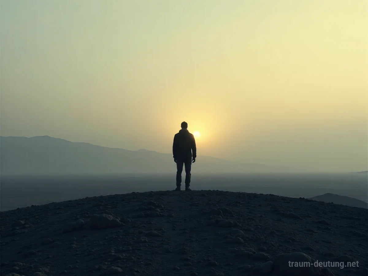 Eine einsame Figur sucht in einer weiten Landschaft nach jemandem.