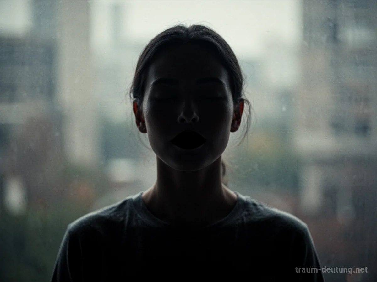 Eine stilisierte Figur ohne Lippen im Profil vor einem diffusen Hintergrund.