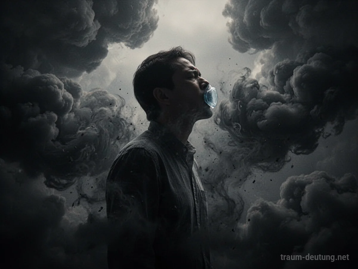 Silhouette einer Person, die im Traum keine Luft bekommt, umgeben von erdrückenden Wolken.