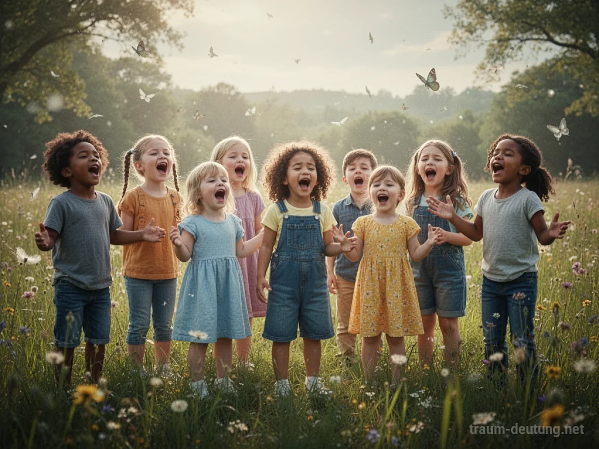 Eine Gruppe fröhlicher Kinder singt zusammen in einer sonnigen Wiese.