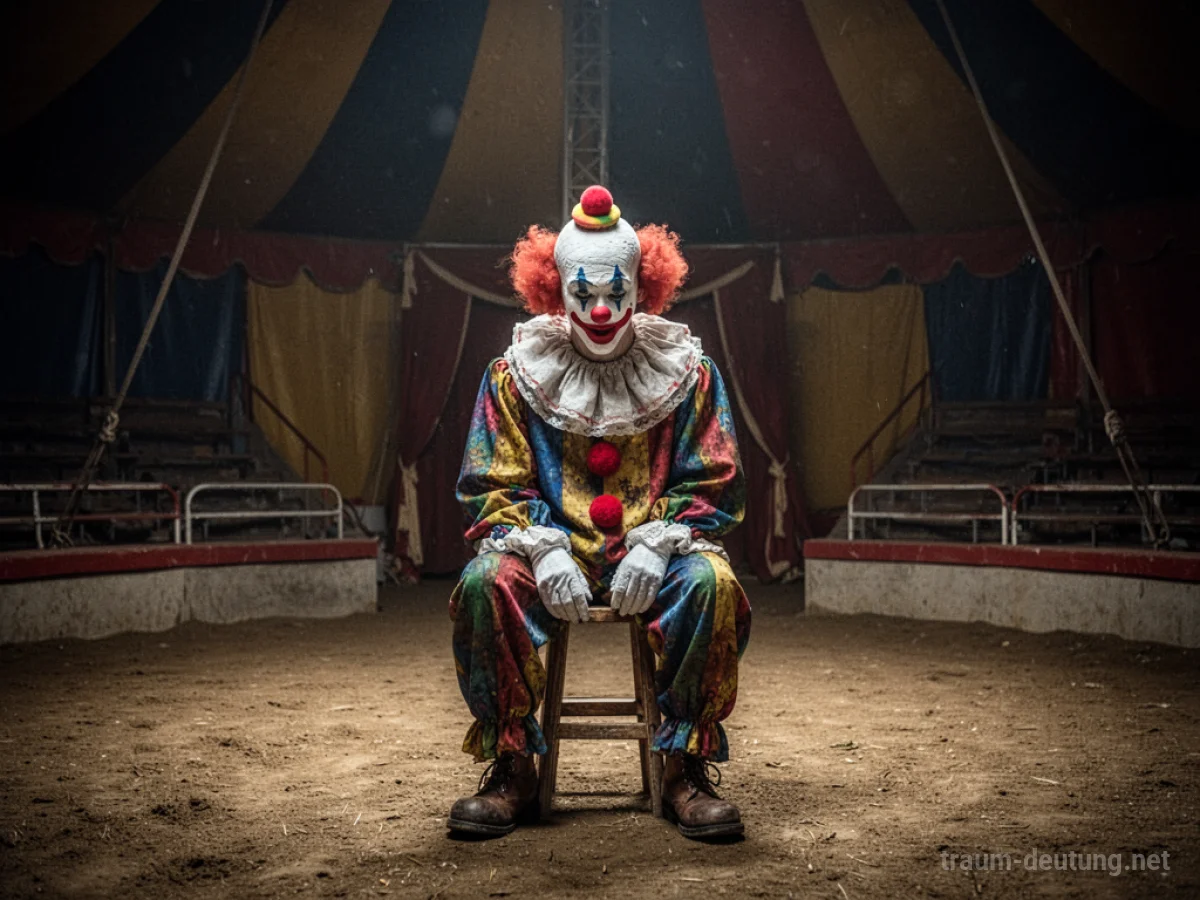 Clown mit aufgesetztem Lächeln sitzt allein in einer Zirkusmanege