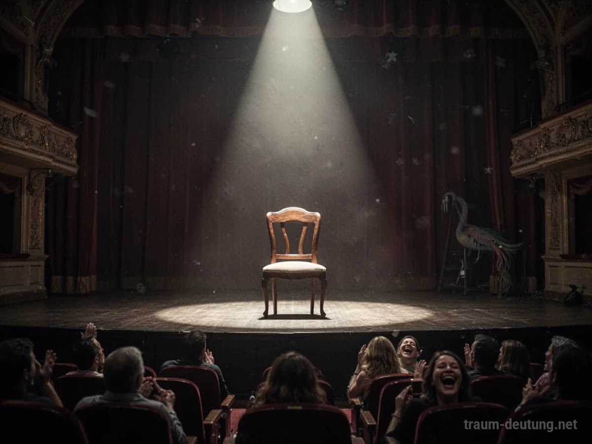 Leere Theatersitze im Scheinwerferlicht, die das Lachen des unsichtbaren Publikums andeuten.