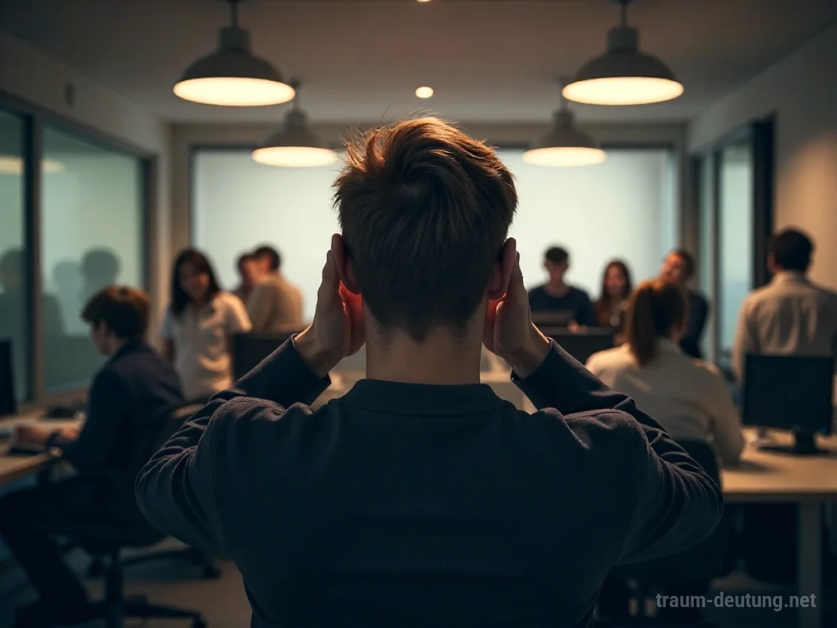Gestresste Person in einem chaotischen Büro mit symbolischem Lärm