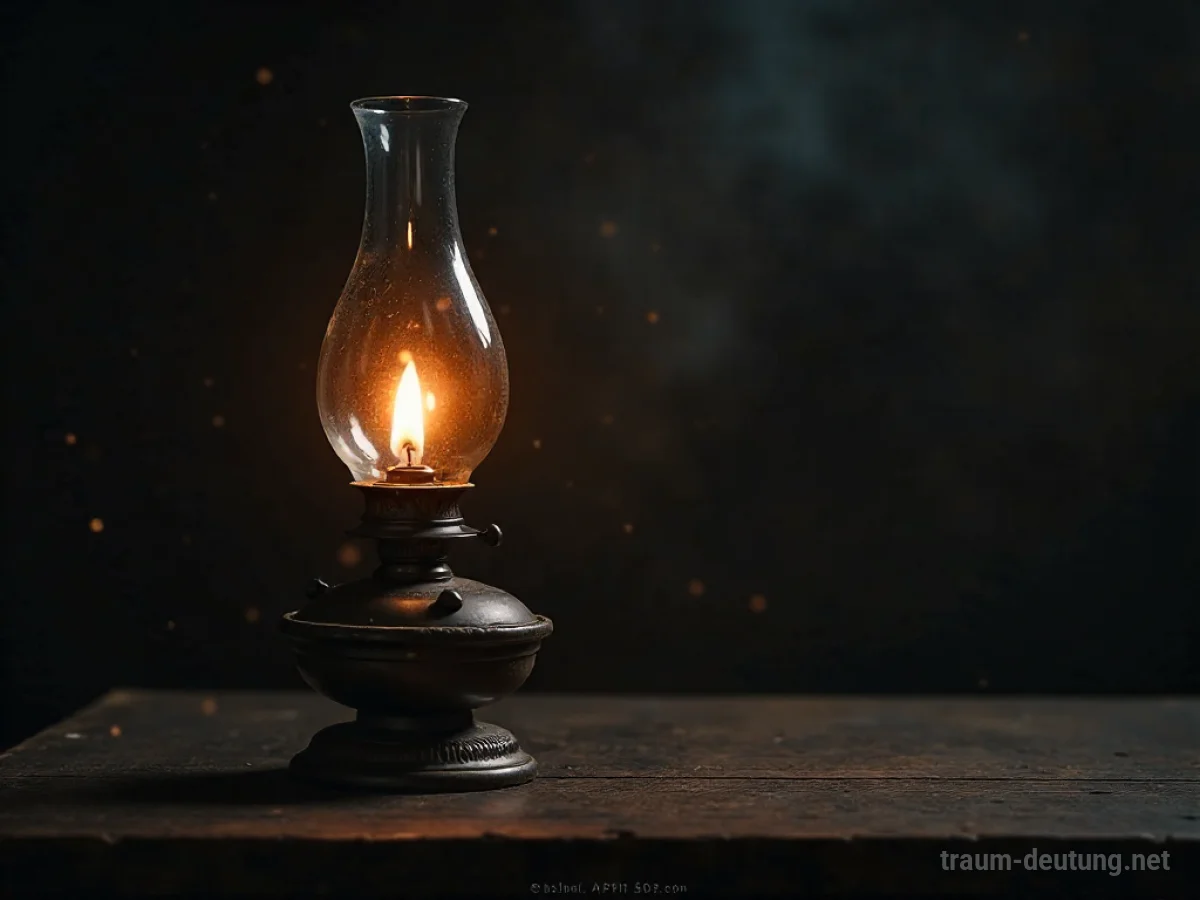 Eine alte Lampe mit hellem Lichtschein, die in einem dunklen Raum brennt.