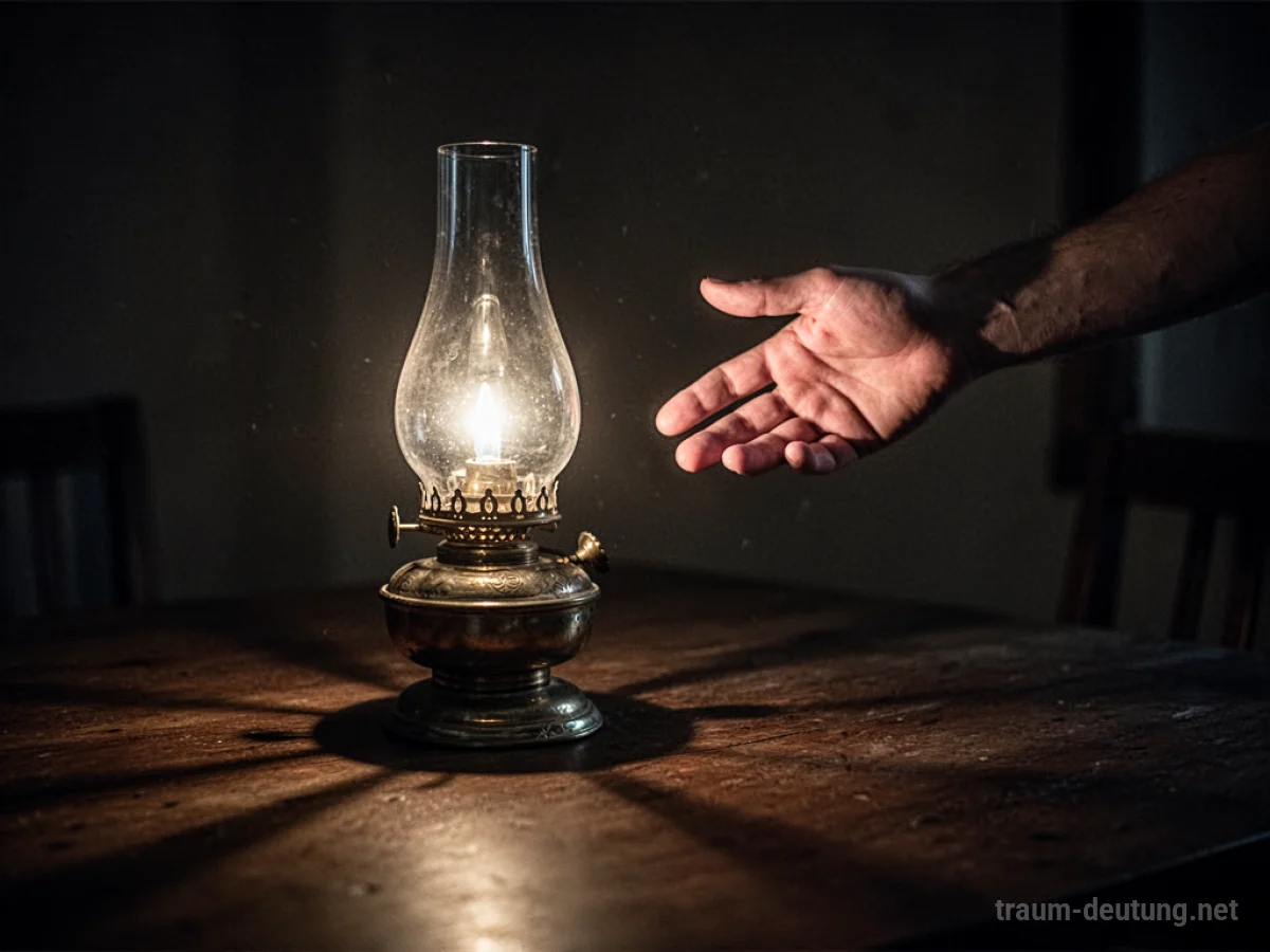 Hand findet eine Lampe im Dunkeln, Lichtstrahl erhellt den Raum