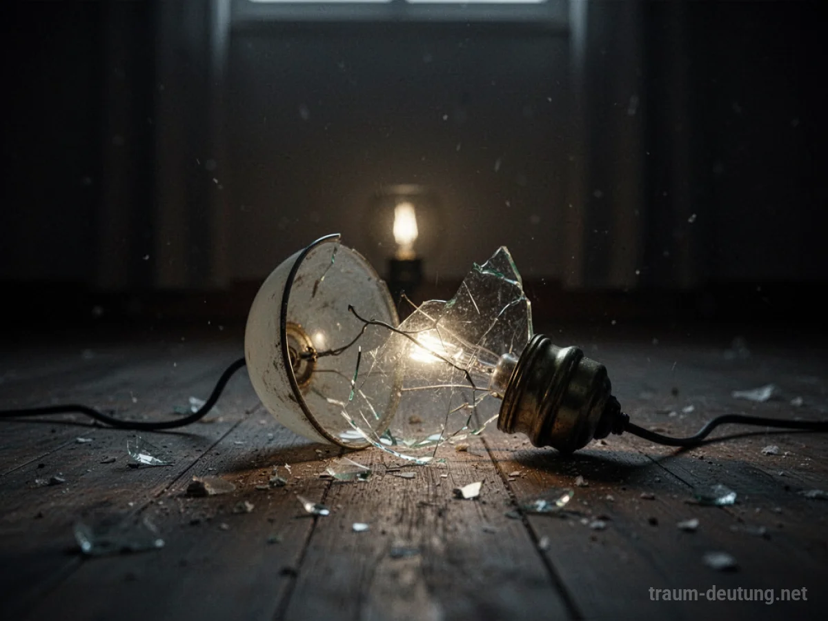 Zerbrochene Lampe auf dem Boden in einem dunklen Raum
