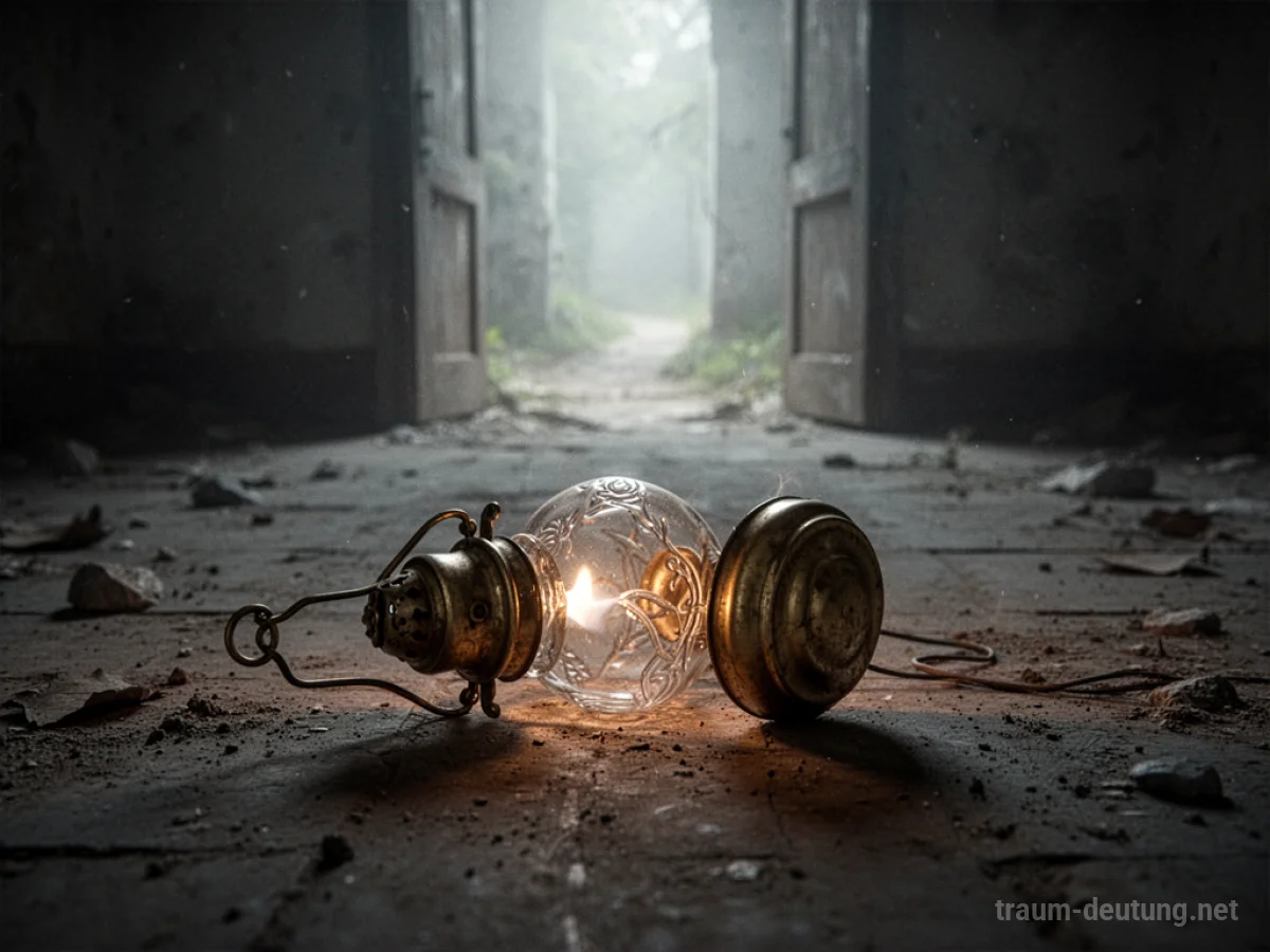 Eine umgekippte, dunkle Lampe auf einem staubigen Boden.