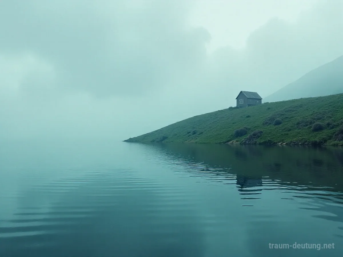 Überflutetes Land mit einem Haus auf einem Hügel im Regen