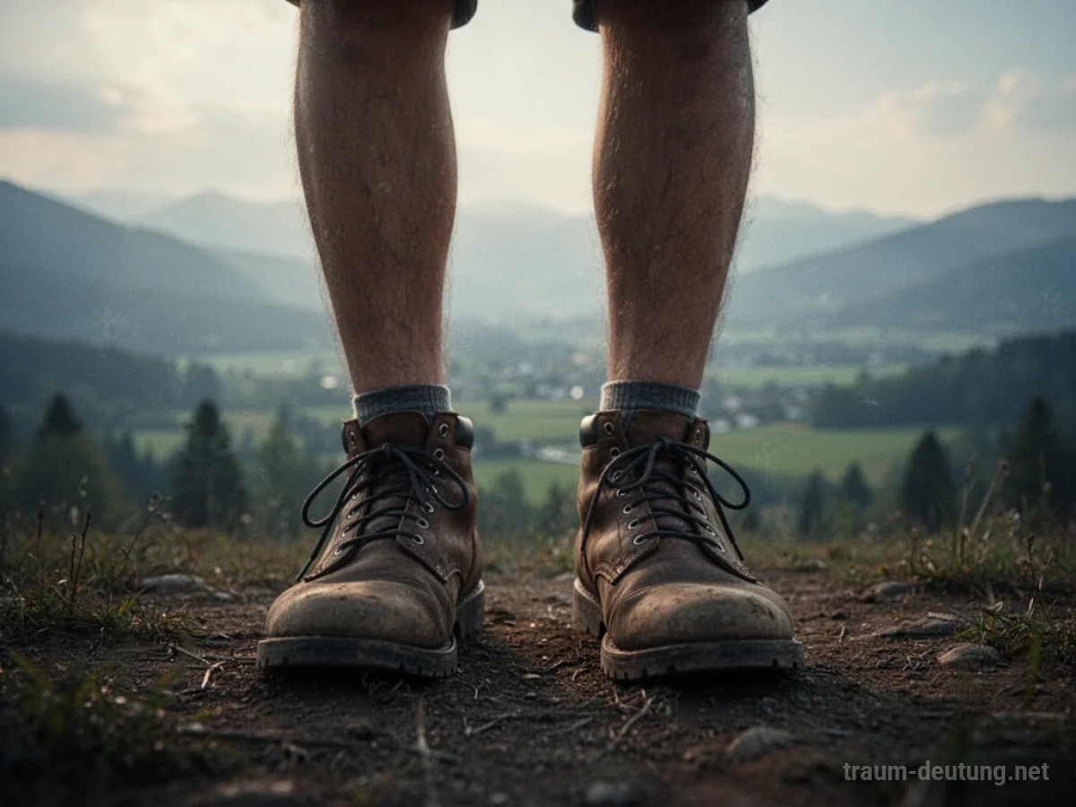 Füße stehen fest auf festem Boden mit einer weiten Landschaft im Hintergrund.