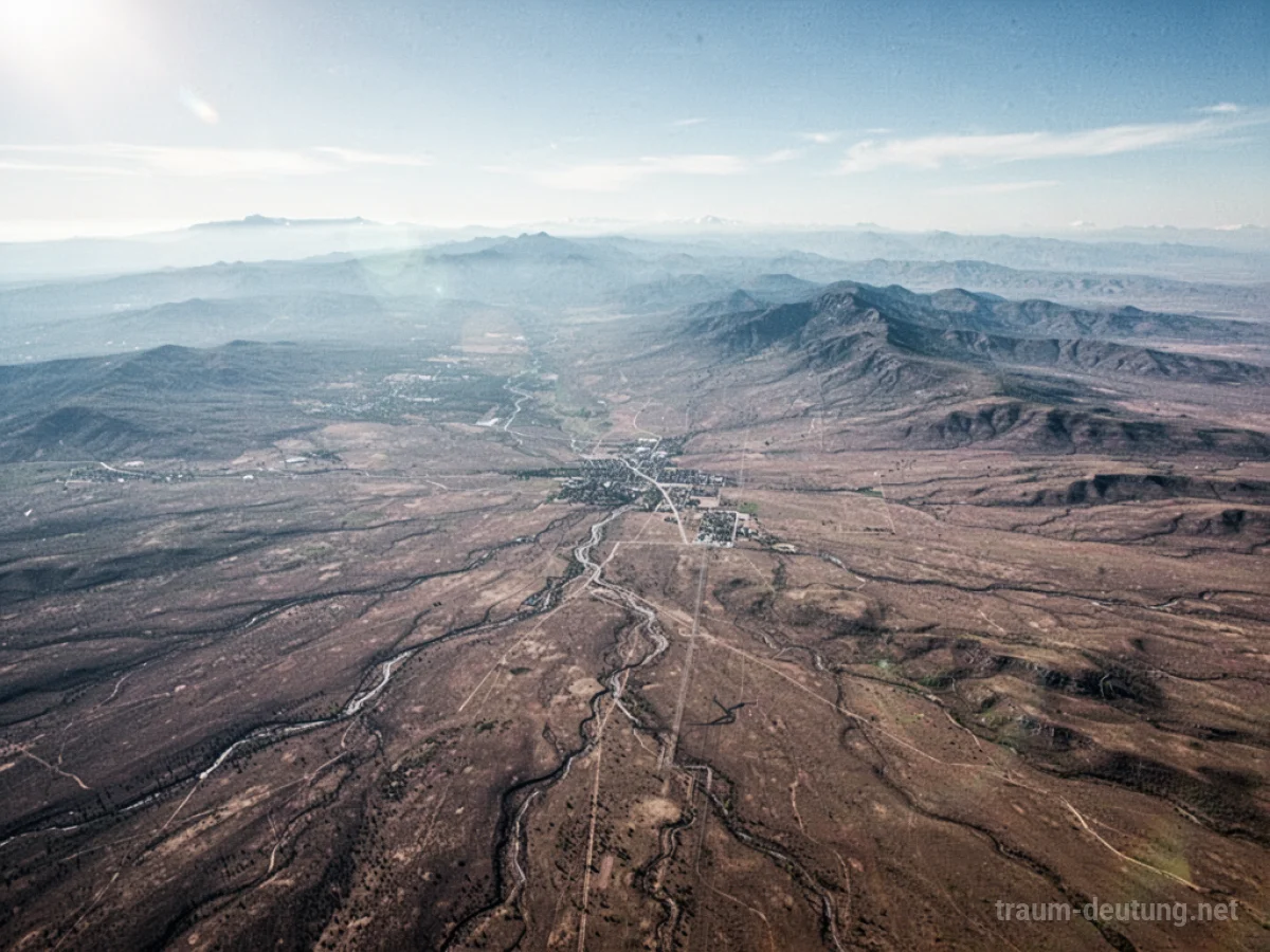 Blick von oben auf eine weite Landschaft mit erkennbaren Strukturen.