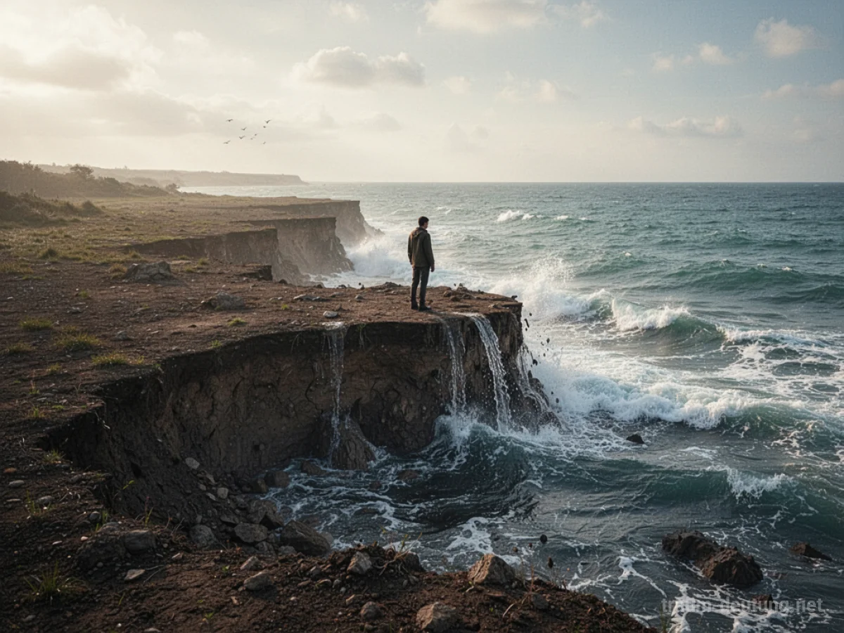 Landschaft, in der festes Land ins Meer gespült wird, eine Person steht unsicher auf dem Rest.