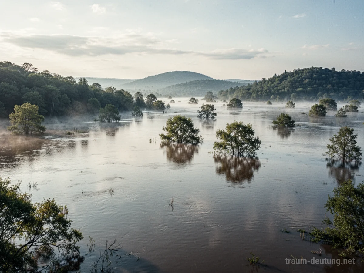 Überschwemmte Landschaft, bei der Wasser langsam die Hügel und Baumspitzen bedeckt.
