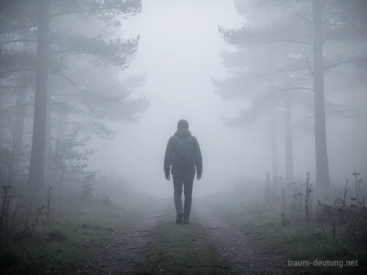 Silhouetten einer Person, die durch dichten Nebel auf einem unsichtbaren Weg geht.