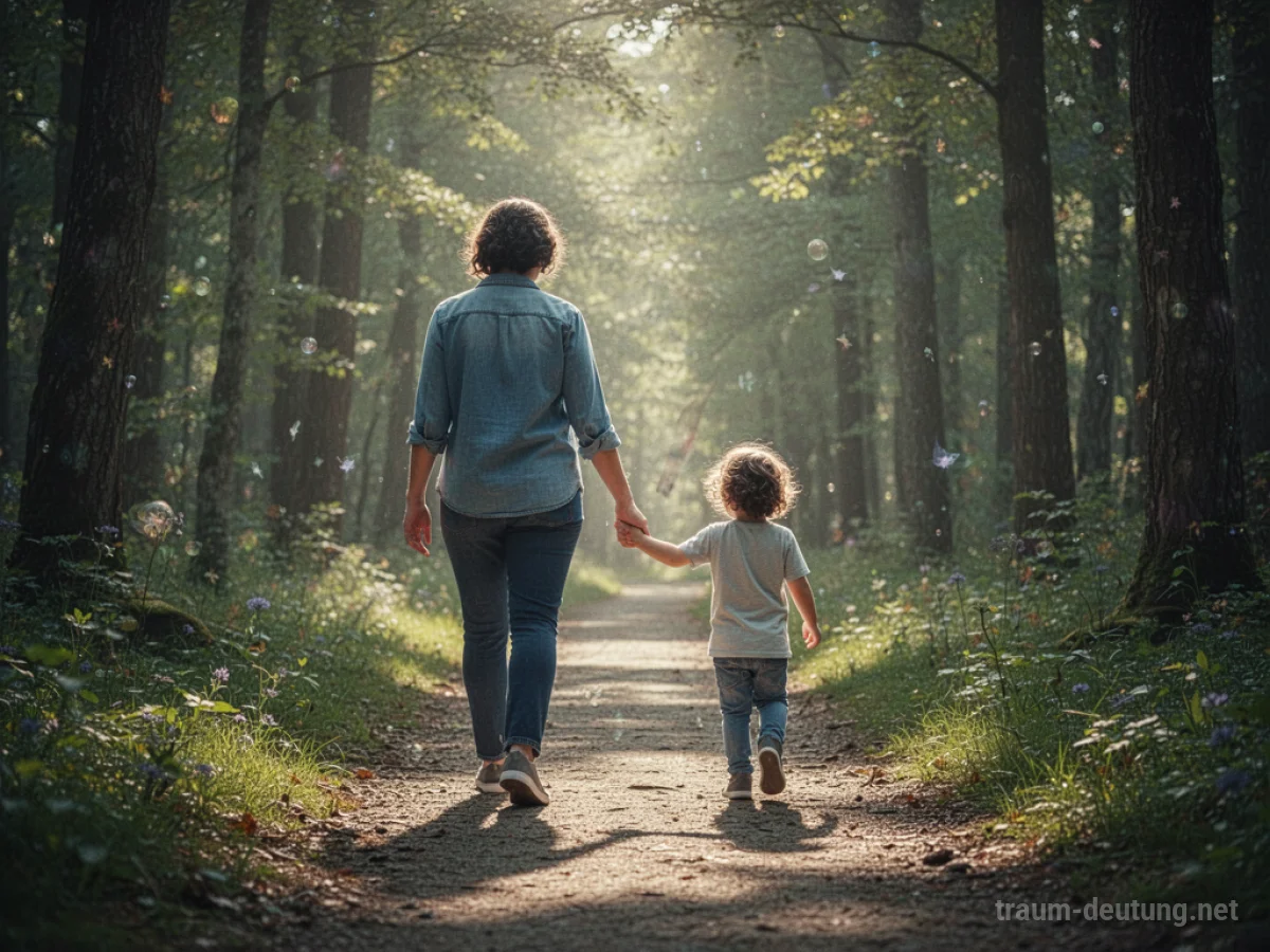 Eine Person läuft Hand in Hand mit einem Kind auf einem sonnigen Waldweg.