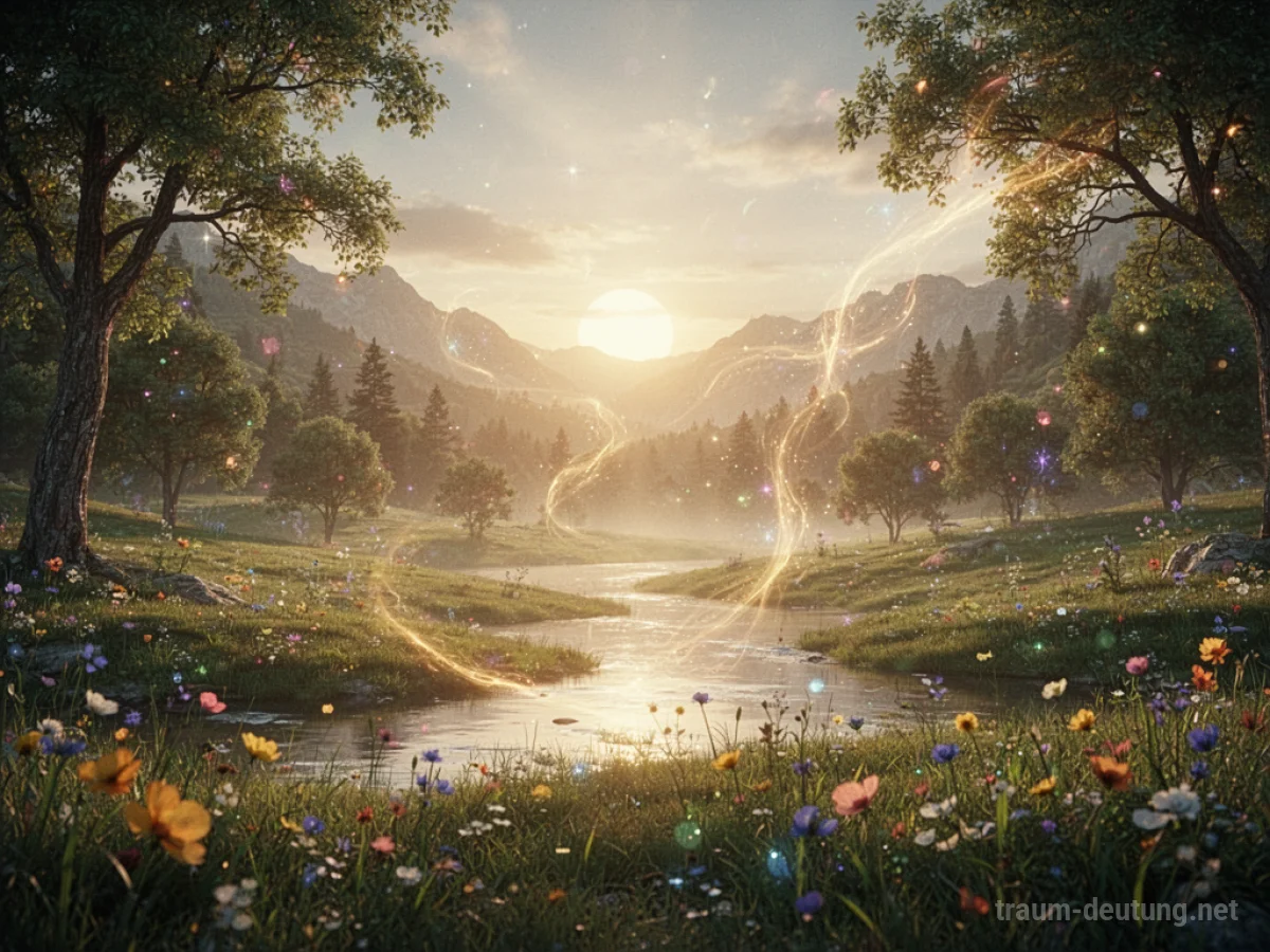 Fließendes Licht in einer ruhigen Landschaft, das Lebensenergie symbolisiert.
