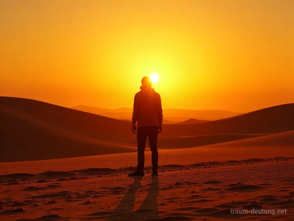 Eine Person steht erschöpft in einer weiten Wüstenlandschaft bei Sonnenuntergang.
