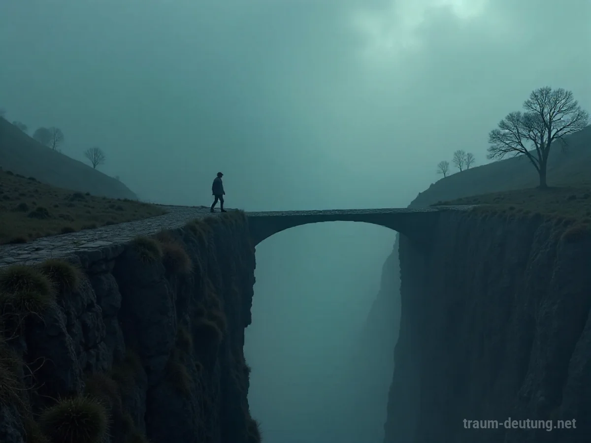 Person auf schmaler Brücke über tiefer Schlucht