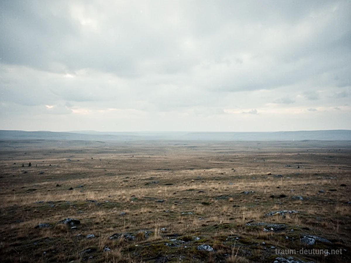 Eine weite, leere Landschaft unter einem grauen Himmel.