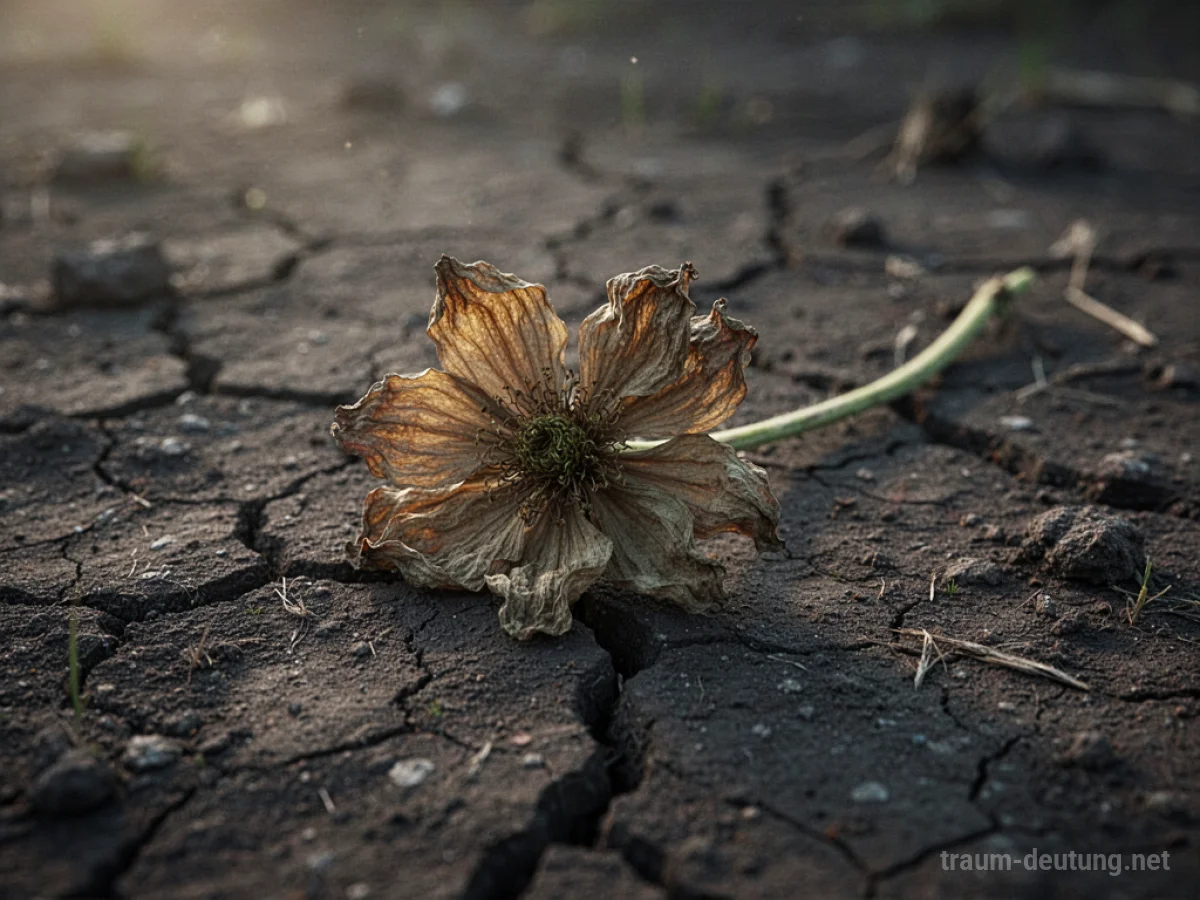 Eine einzelne verwelkte Blume auf dunkler, rissiger Erde.