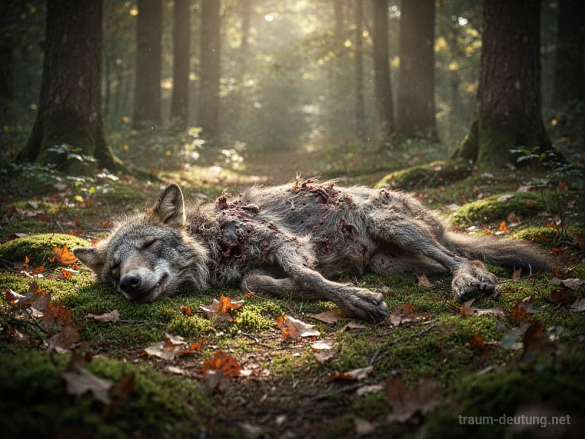 Leiche eines Tieres im Wald auf Moos gebettet, von Sonnenlicht beschienen.
