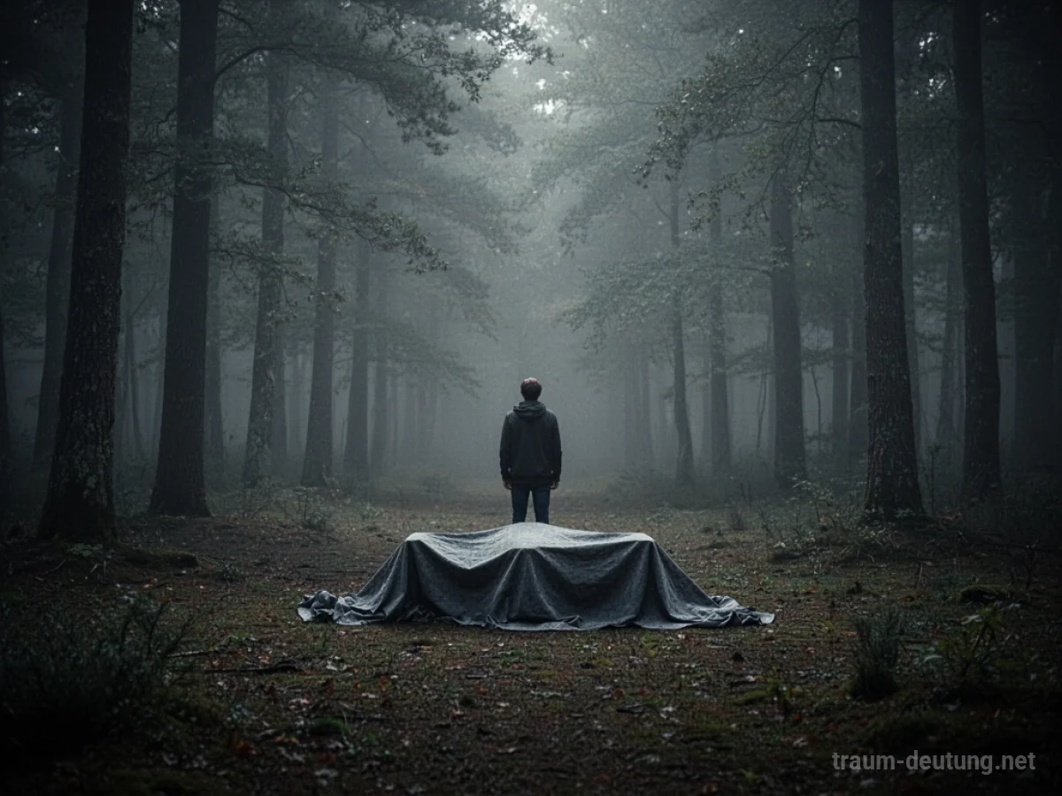 Eine einsame Person steht in einem nebligen Wald vor einer bedeckten Form auf dem Boden.