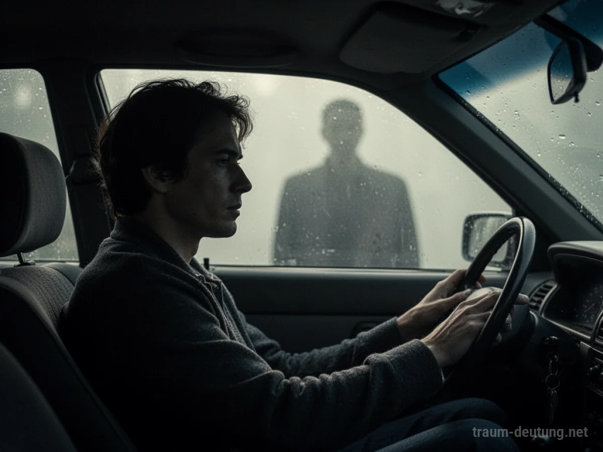 Silhouette einer Person in einem Auto mit einer Schattenfigur im Hintergrund