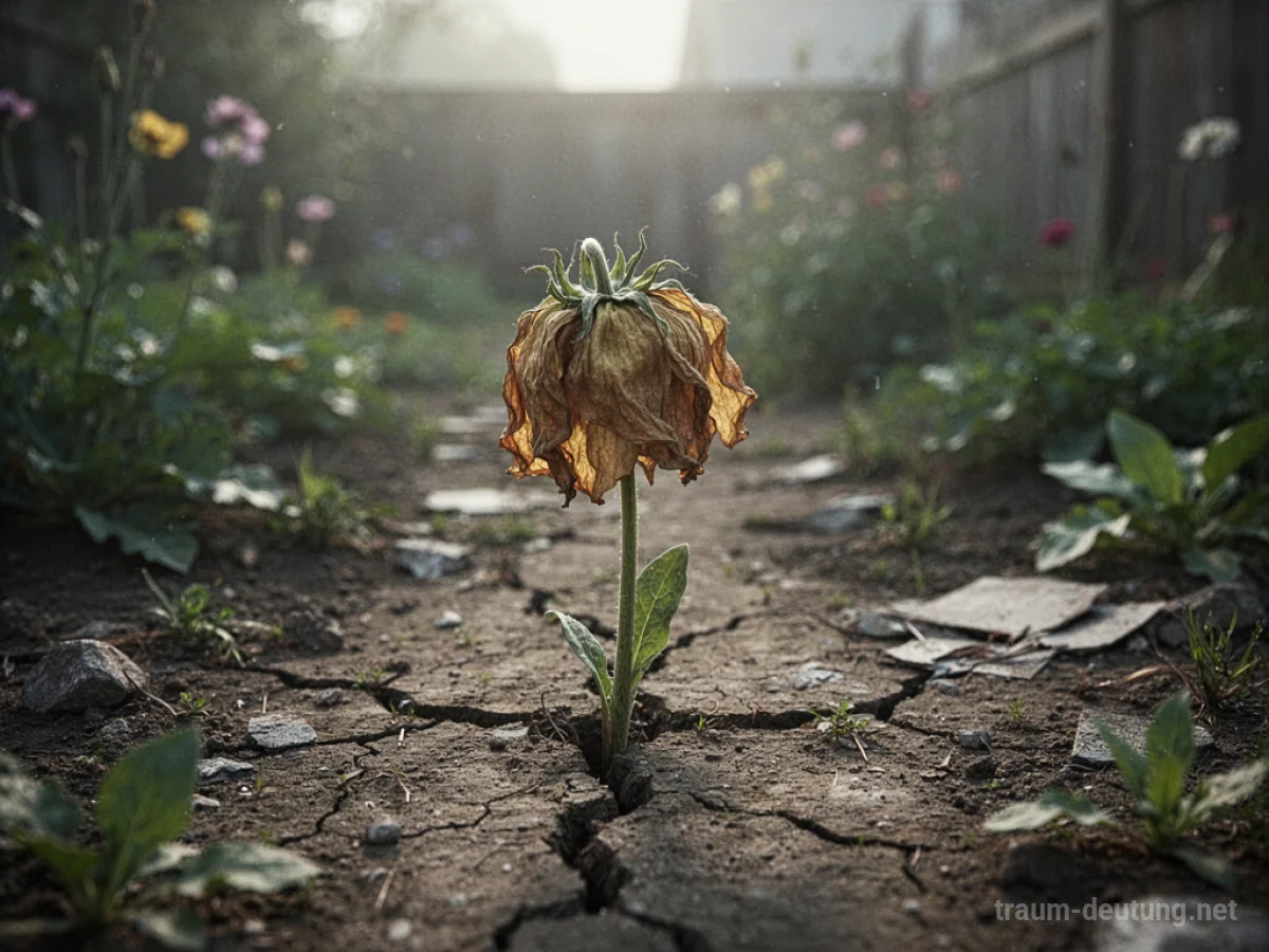 Eine einzelne, verwelkte Blume durchbricht rissige Erde in einem vernachlässigten Garten.