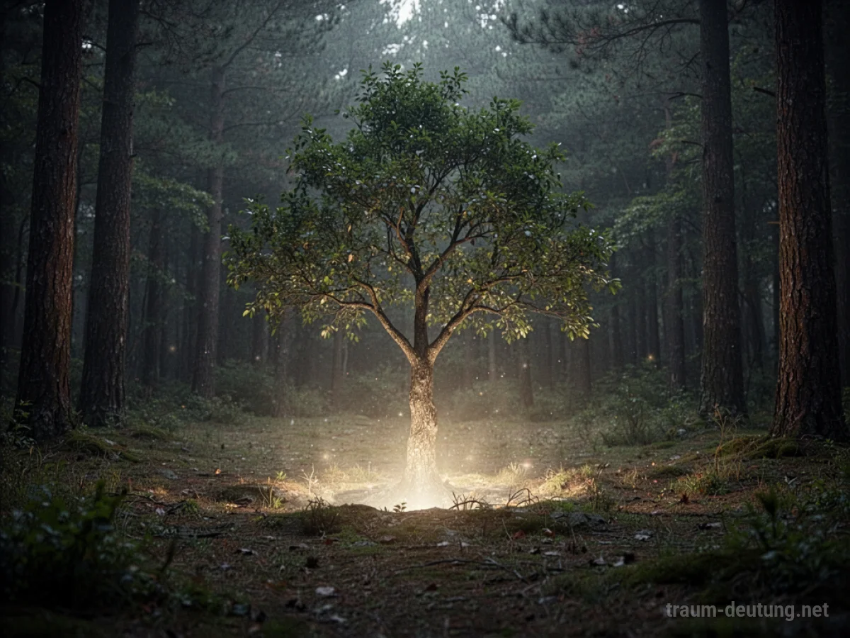 Eine Lichtung im Wald mit einem Baum, unter dem ein sanfter Schein liegt.