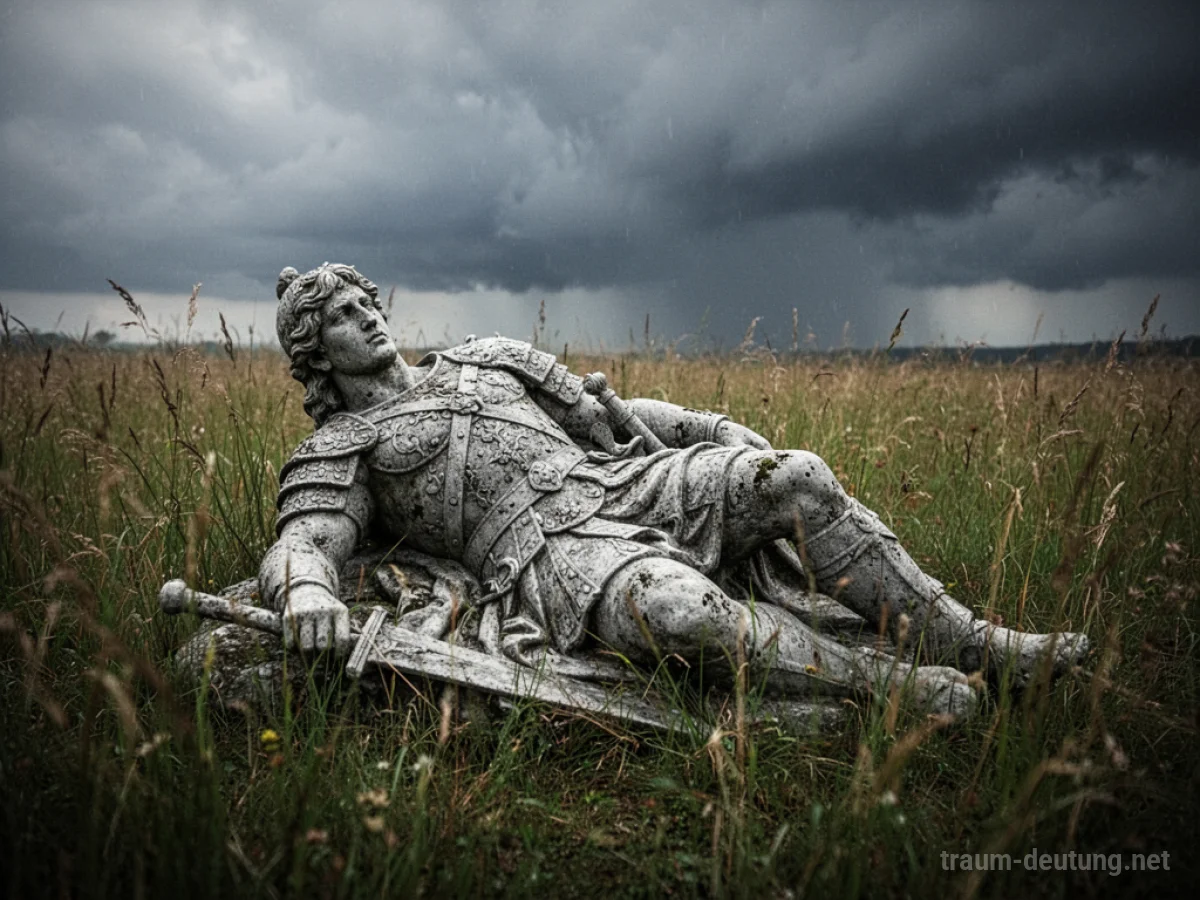 Statue eines gefallenen Kriegers in einem Feld, symbolisiert das Ende eines Konflikts.
