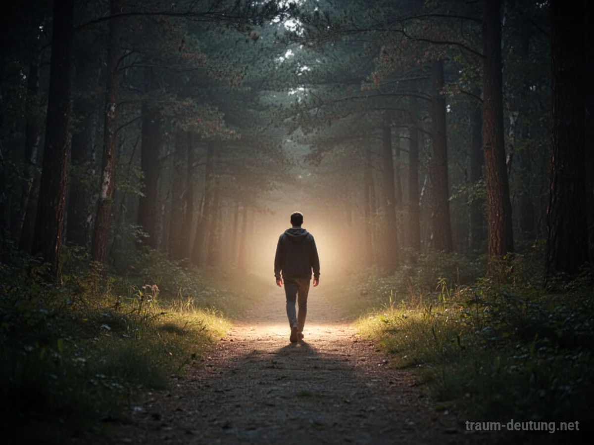 Ein Weg aus Licht führt aus einem dunklen Wald hinaus, dem eine Person folgt.