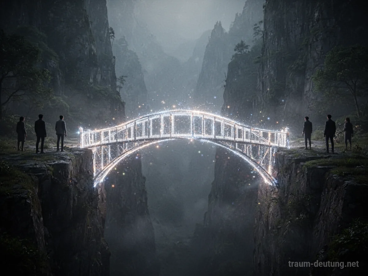 Eine Brücke aus Licht verbindet zwei dunkle Ufer in einem nebligen Tal.