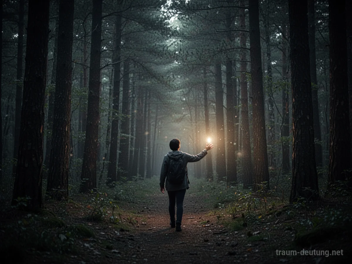 Eine Person sucht im Dunkeln nach einer Lichtquelle zwischen Bäumen.