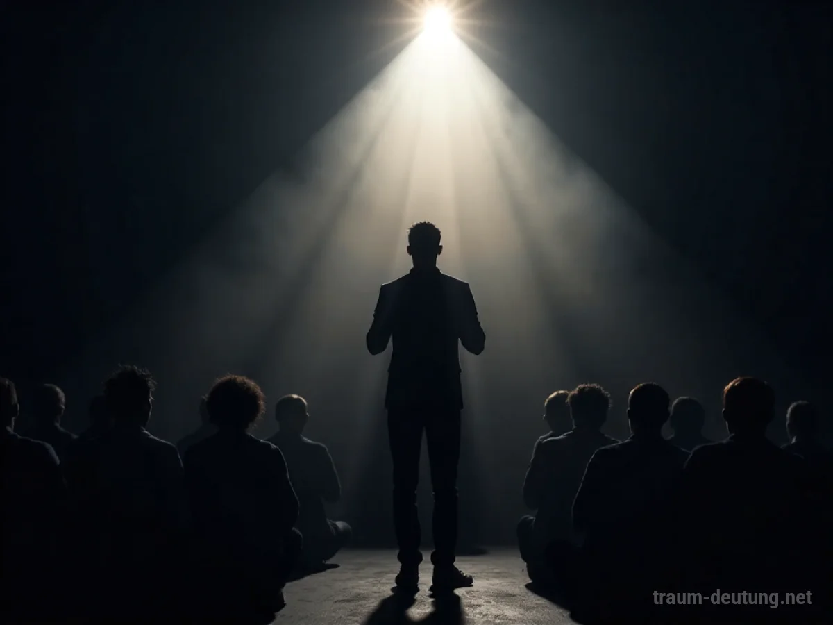 Eine Person singt allein auf einer Bühne im Scheinwerferlicht.