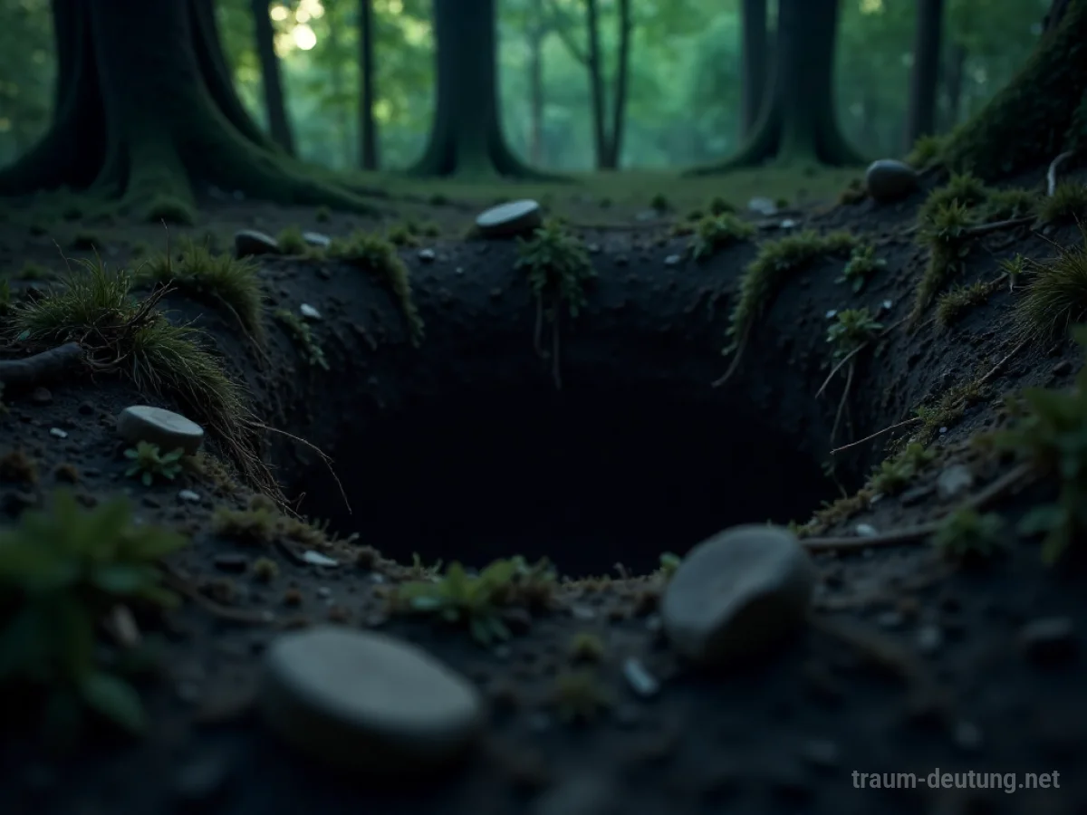 Ein dunkles Loch im Waldboden, aus dem schwaches Licht dringt.