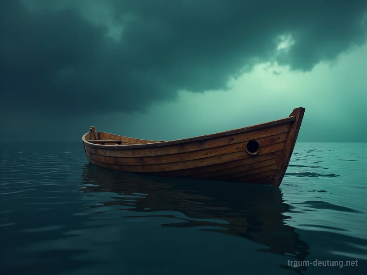 Ein kleines Holzboot mit einem sichtbaren Loch im Rumpf, das auf stürmischer See treibt.