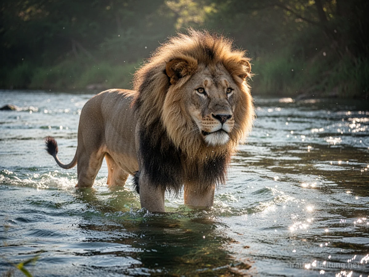Ein majestätischer Löwe steht in klarem Wasser, die Sonne reflektiert auf seiner Mähne.