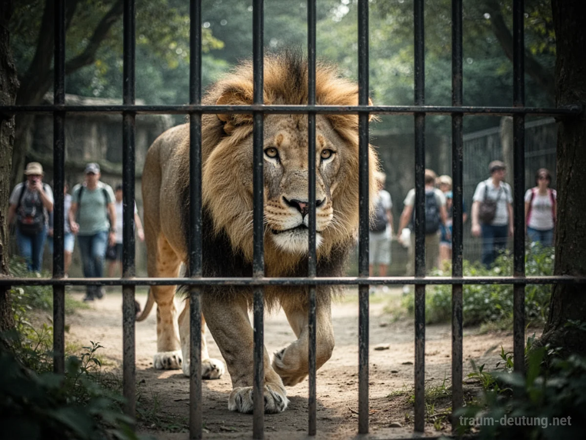 Ein Löwe hinter Gittern im Zoo, der nachdenklich blickt.